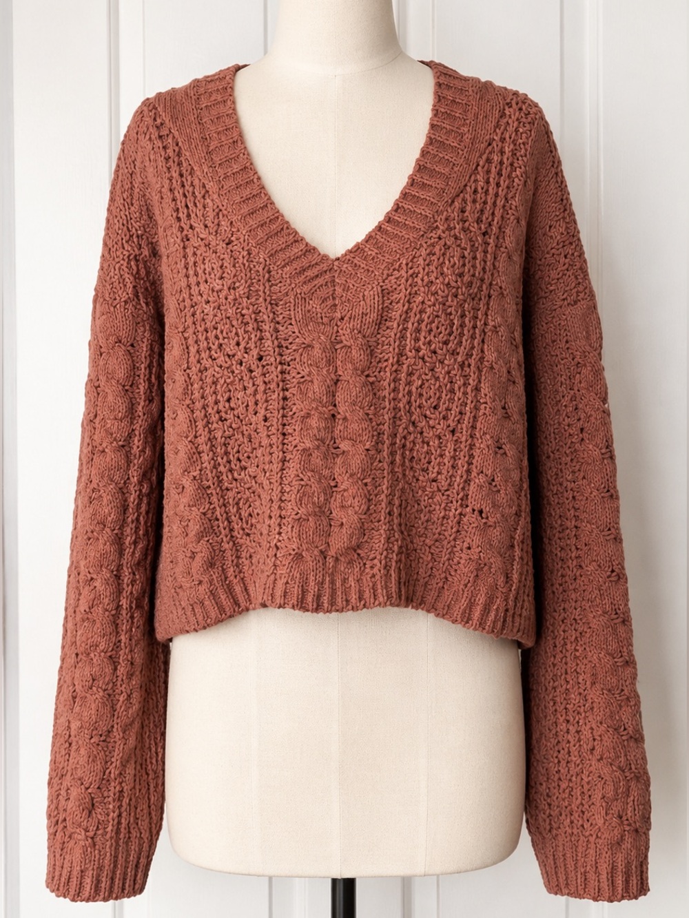 Pink Lily V-Neck Cable Knit Sweater